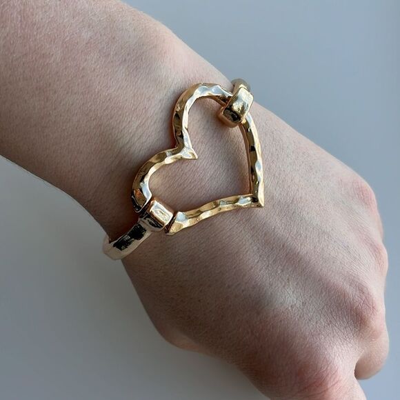 Gold Color Heart Shaped Open Cuff Bracelet - Picture 4 of 13